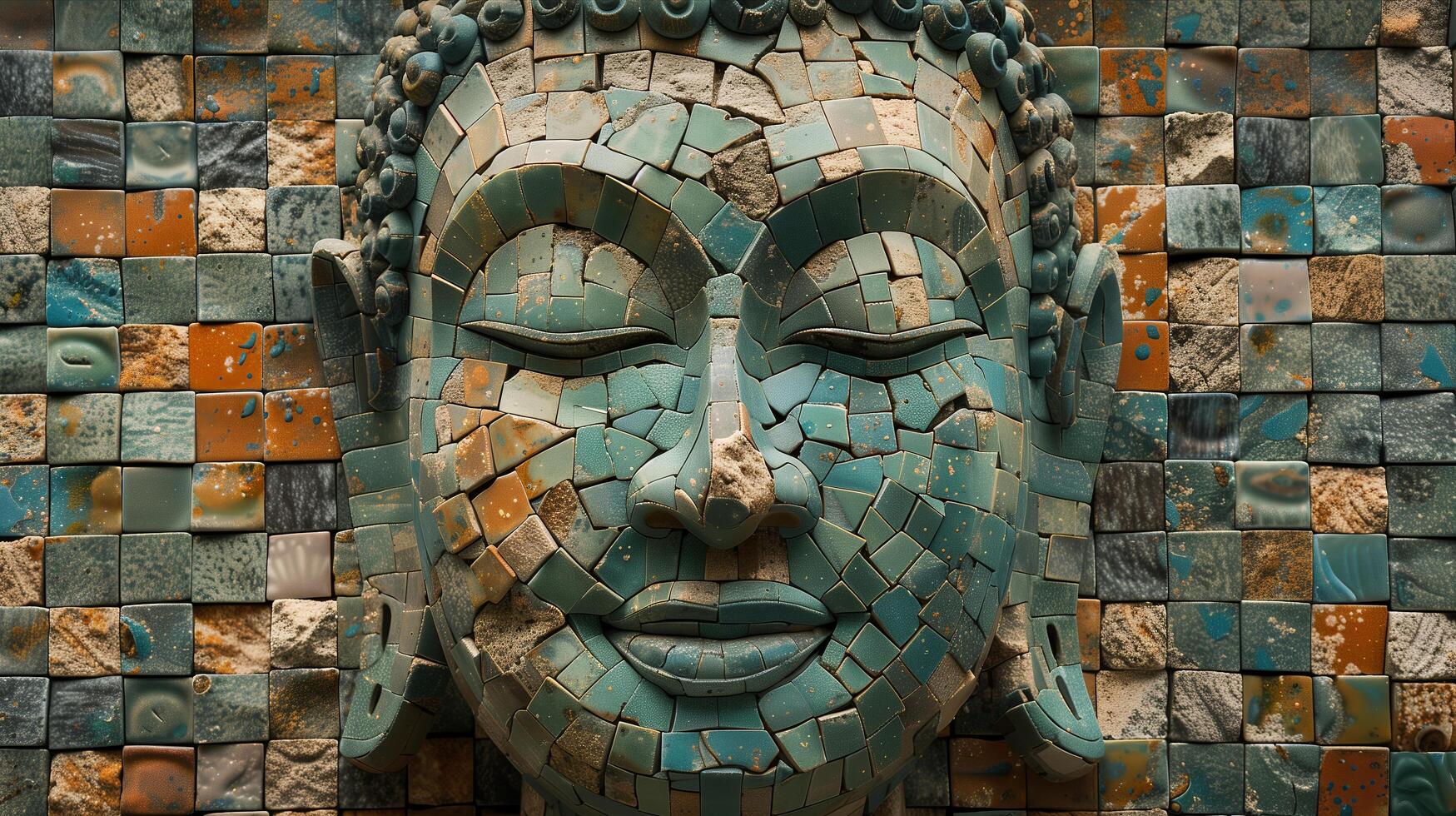 A close up of a buddha head with a mosaic background photo