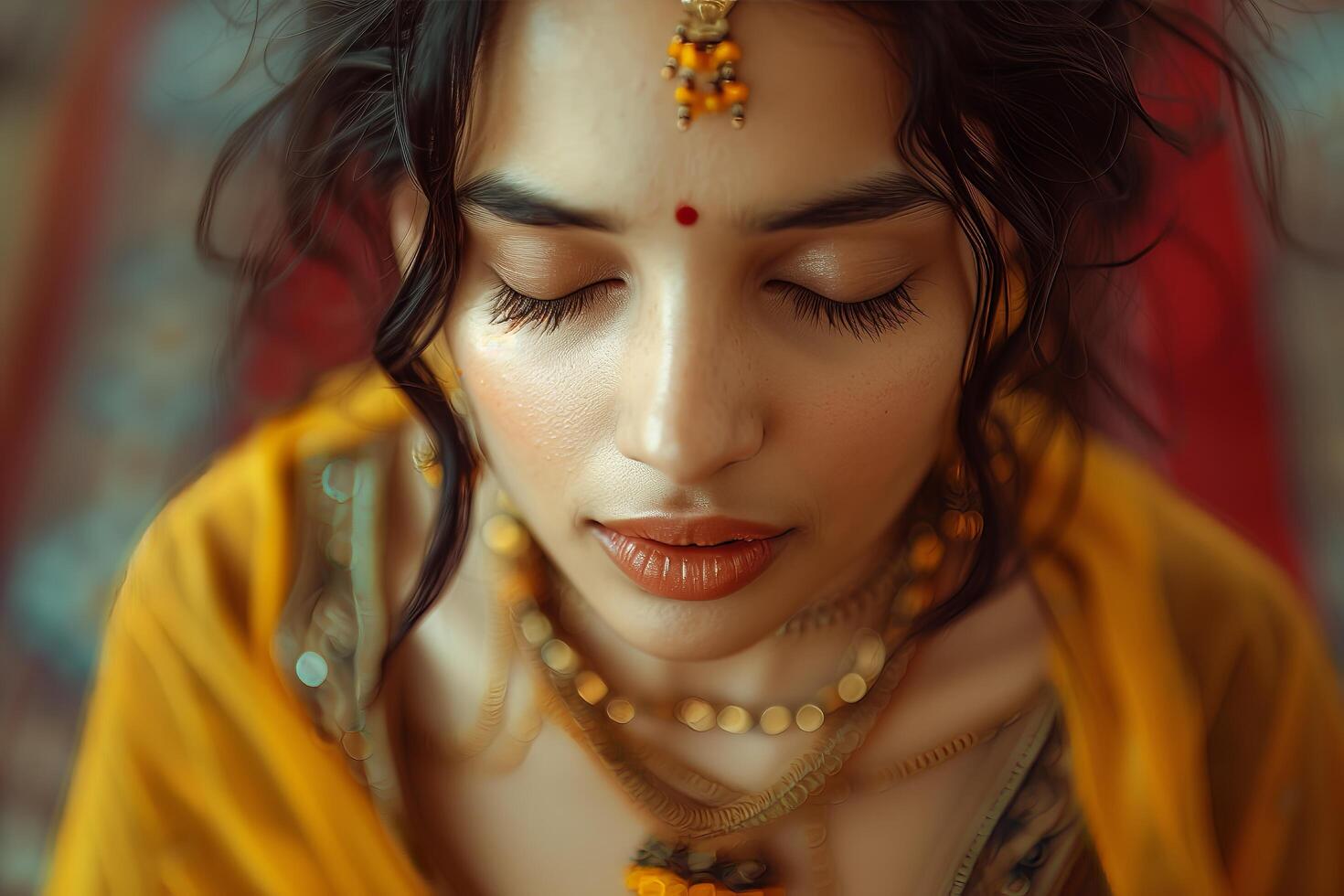 A woman in traditional indian clothing with her eyes closed photo