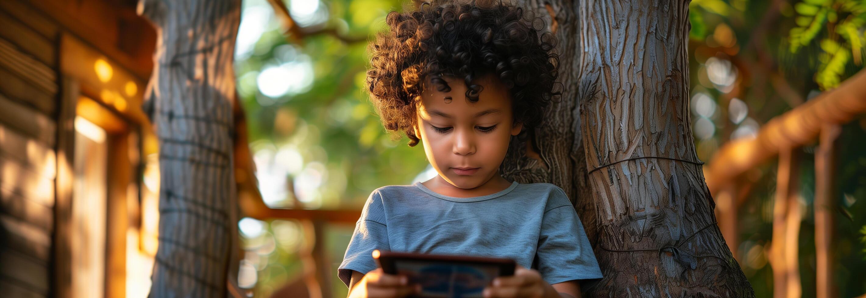 A young boy is sitting in a tree with a tablet photo