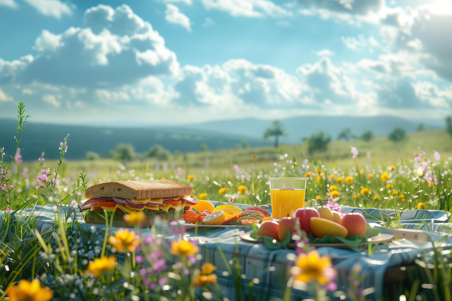 A picnic table with a sandwich, fruit and juice photo