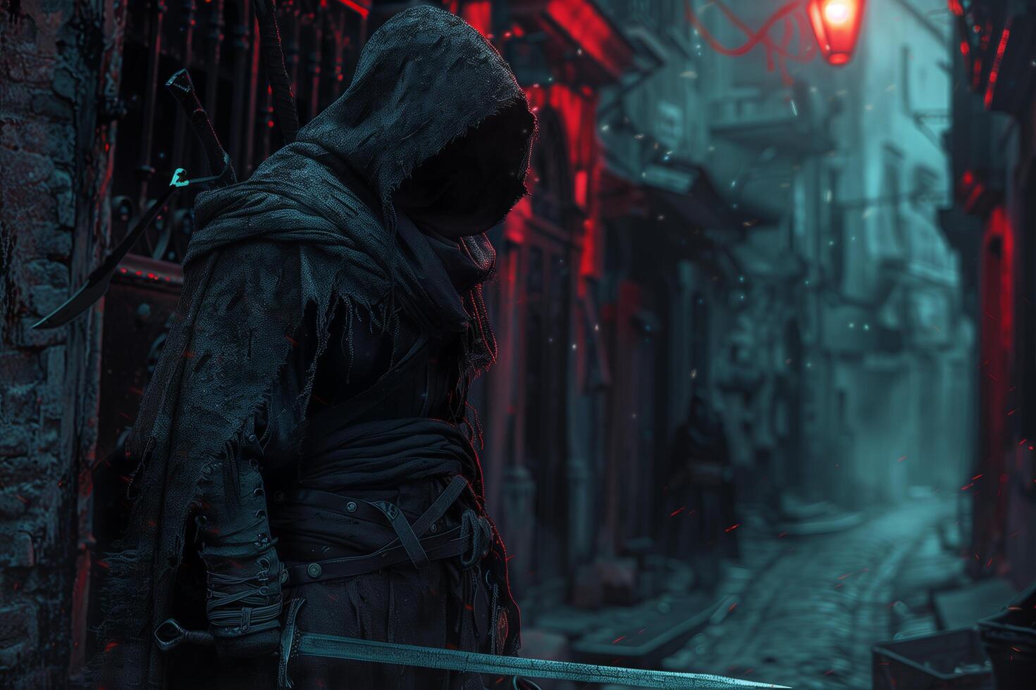 A man in a hood standing in an alley with a sword photo