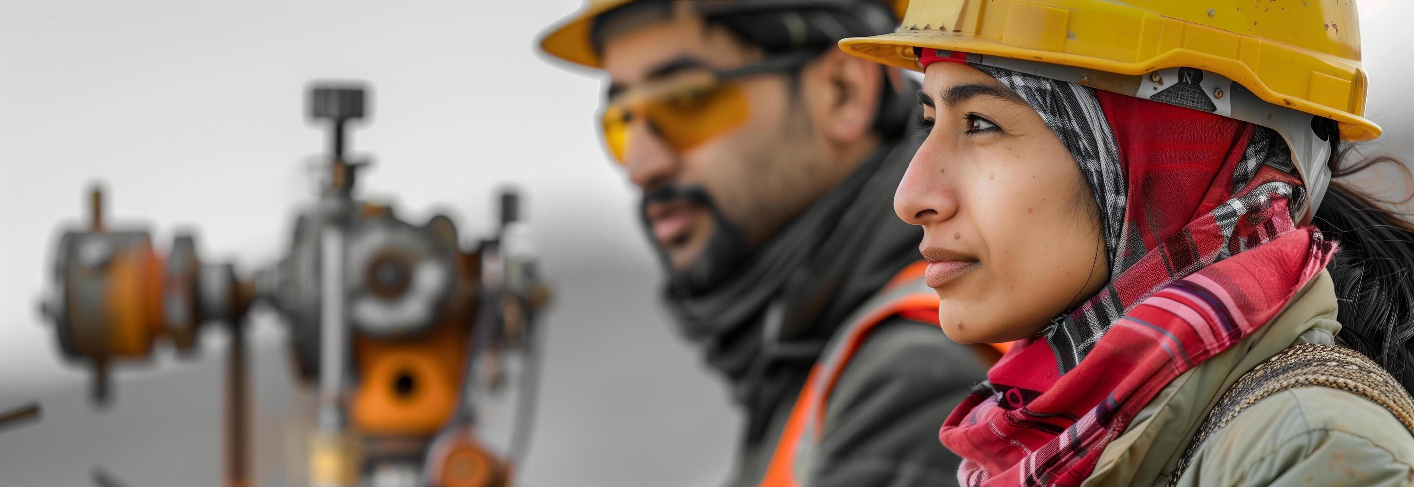 A man and woman wearing hard hats and safety glasses photo