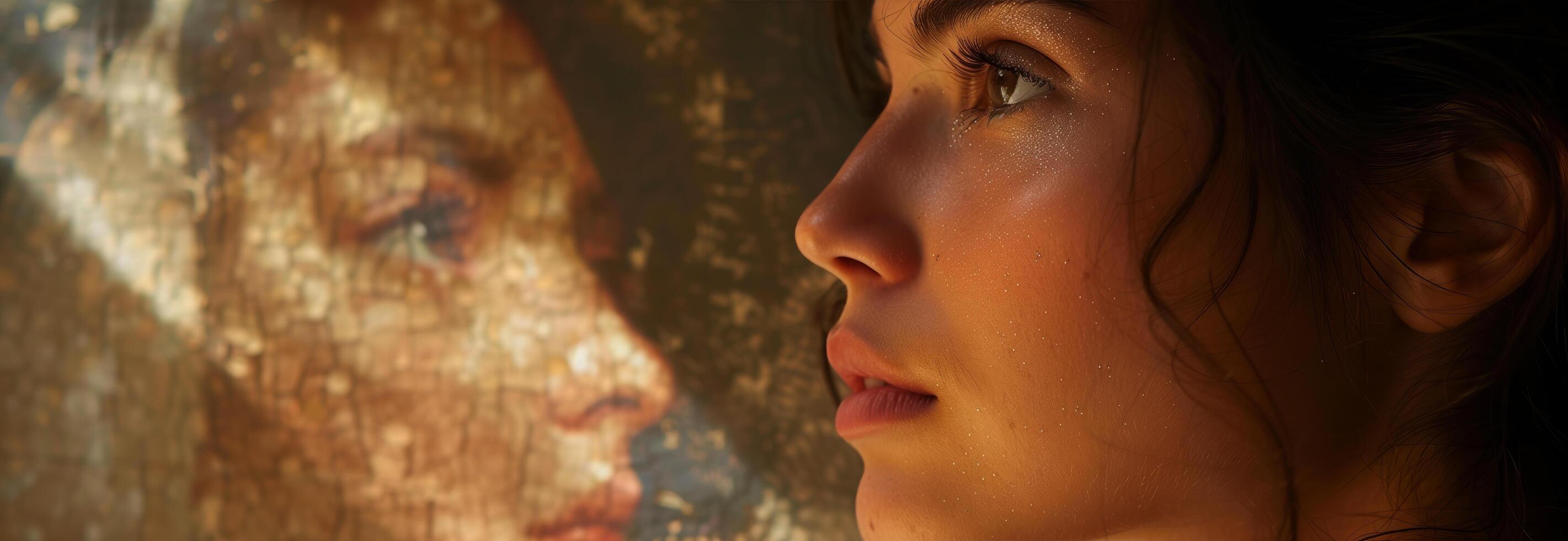 A woman looking at a reflection of herself in a mirror photo