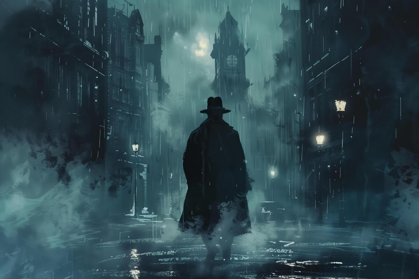 A man in a hat and coat walking down a dark street photo