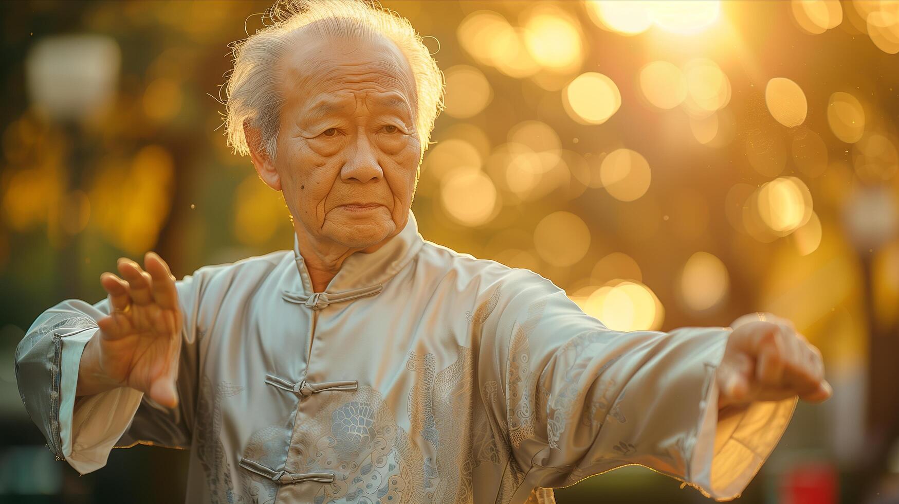 An elderly man is doing tai chi in the sun photo