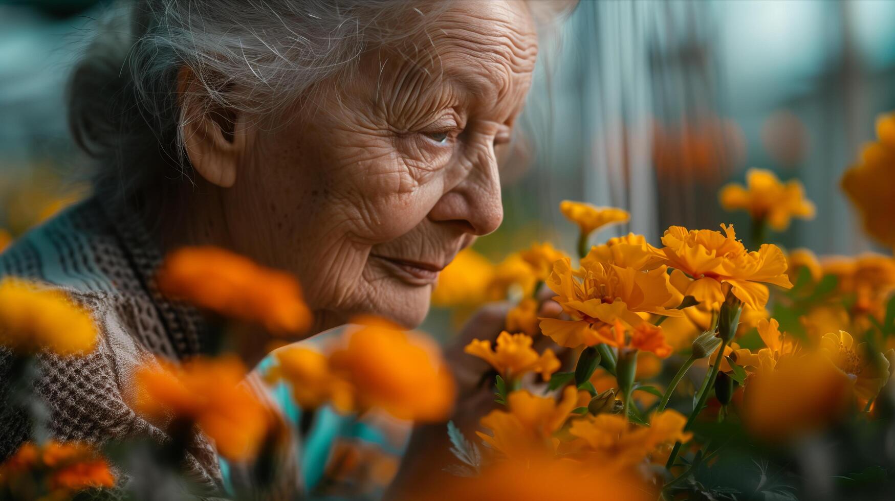An older woman smelling flowers photo