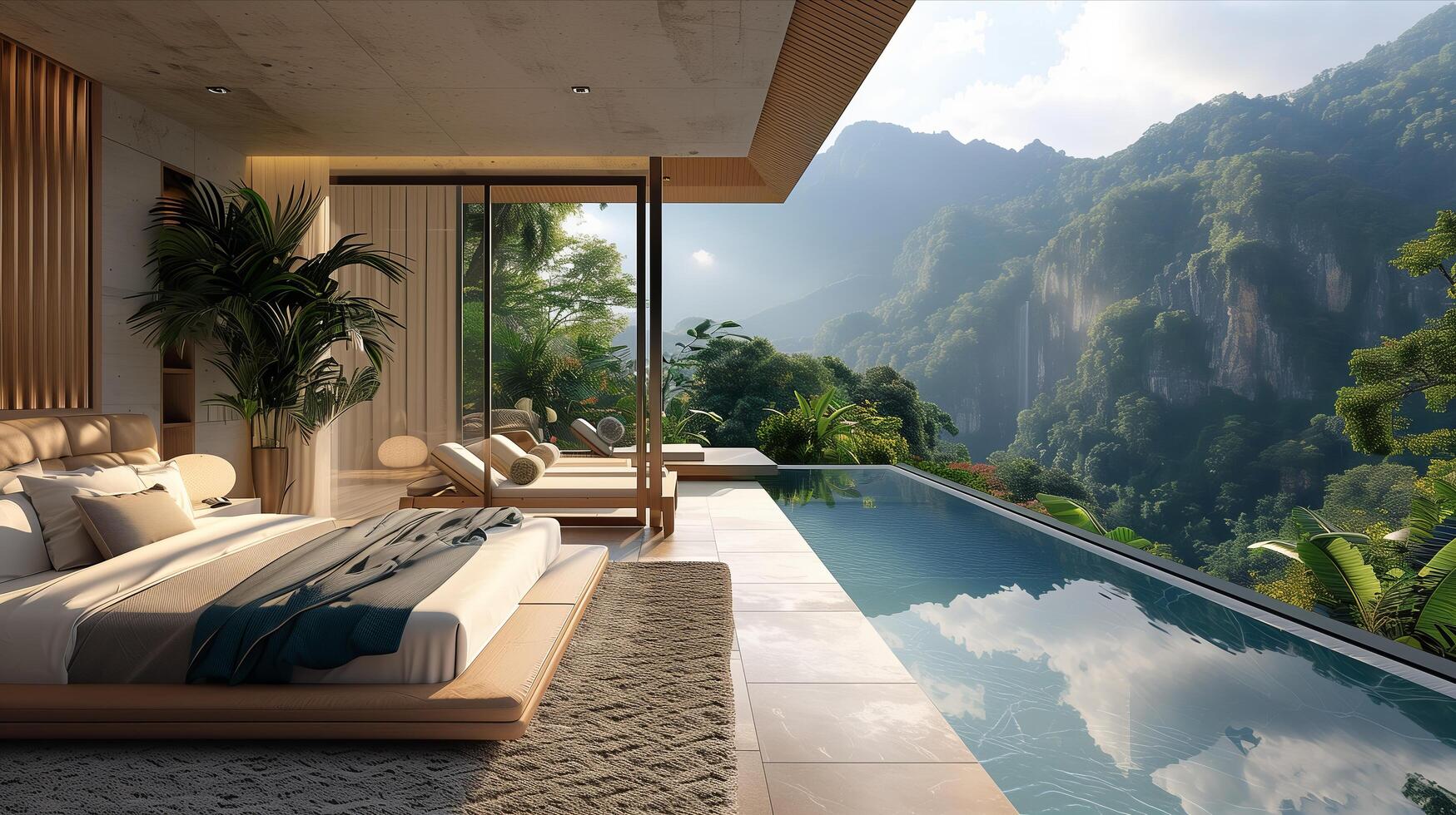 A bedroom with a view of the mountains photo