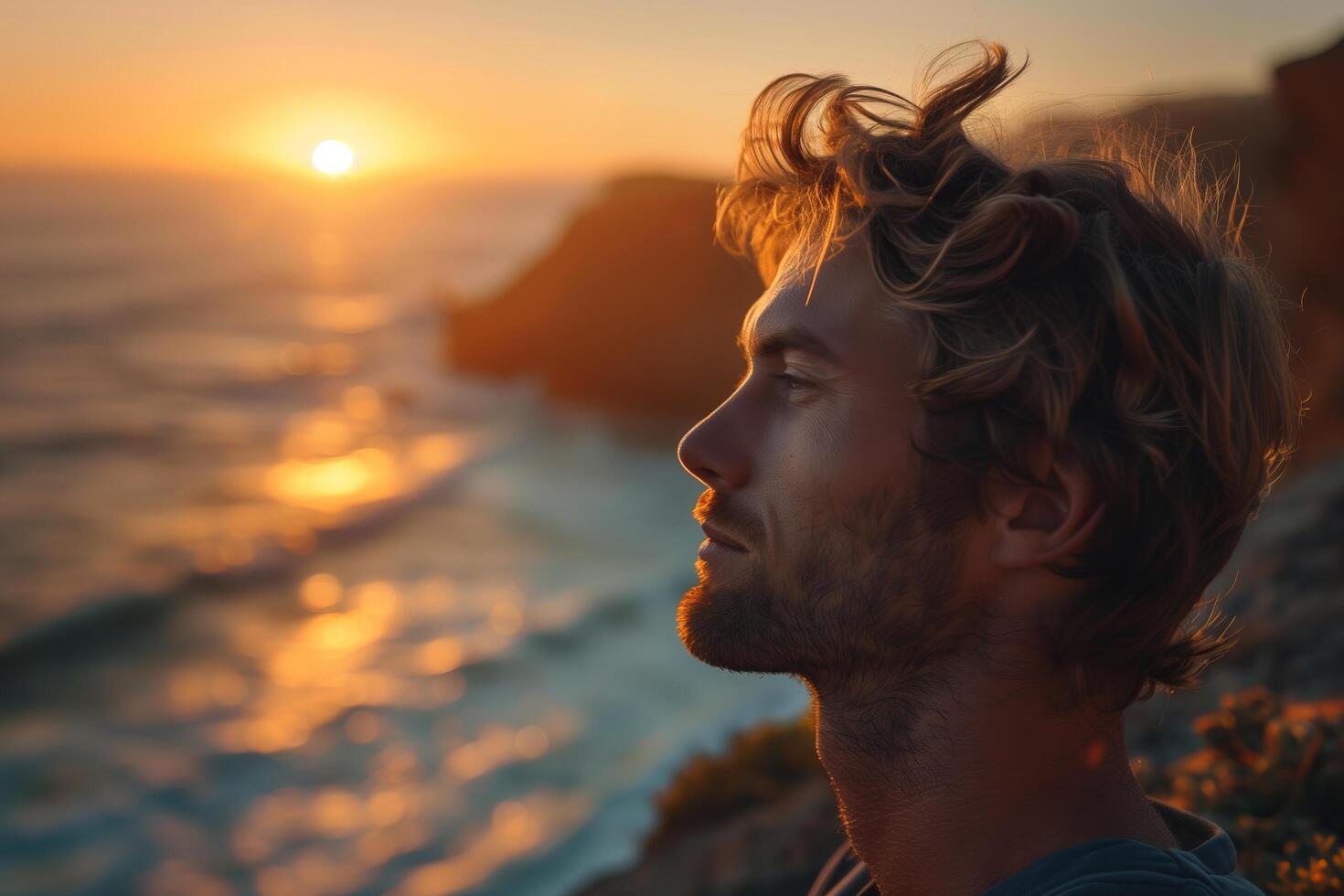 A man is looking out over the ocean at sunset photo