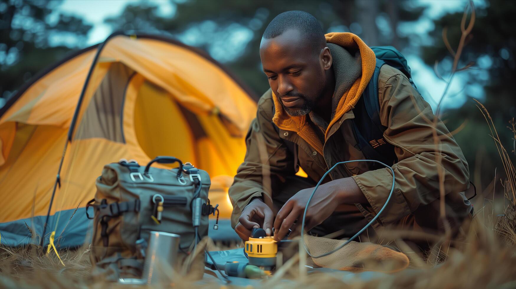 A man is using a portable generator to power his tent photo