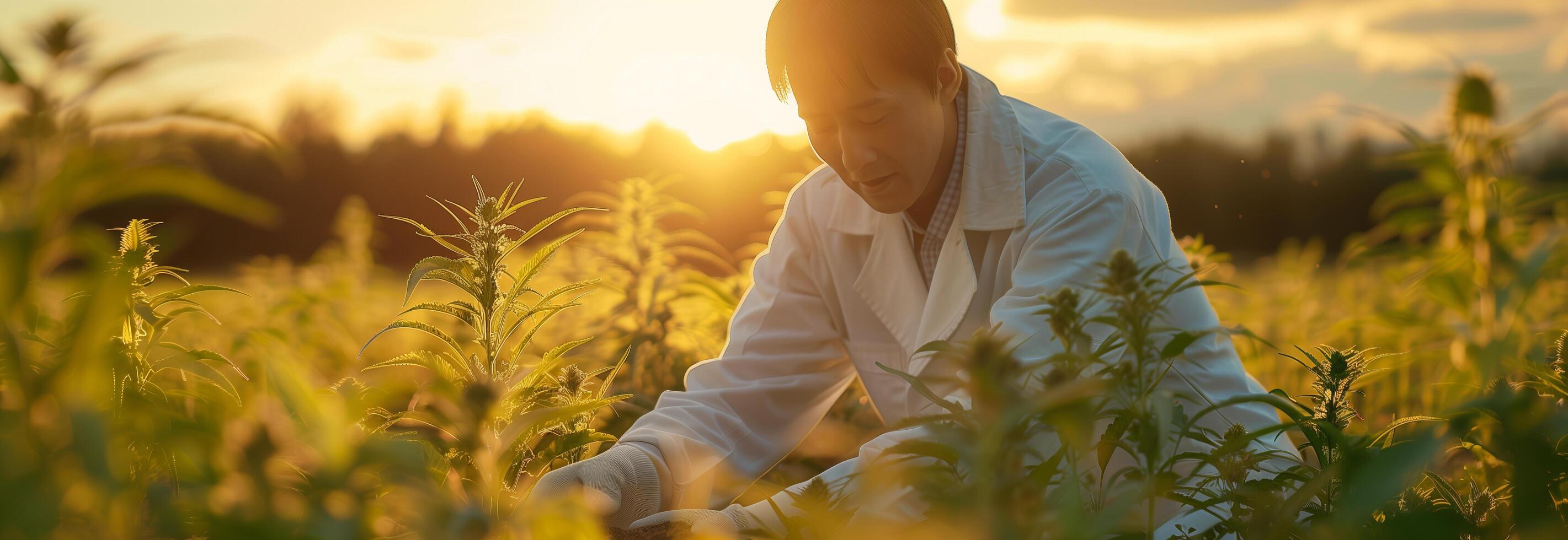 A man in a white lab coat is kneeling in a field photo