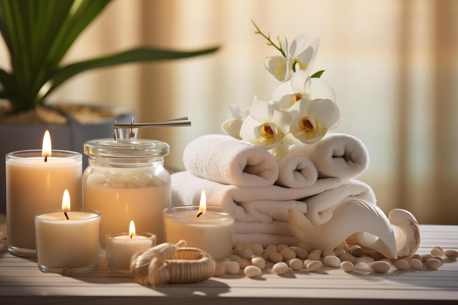 Spa accessories with candles and towels on a wooden table photo