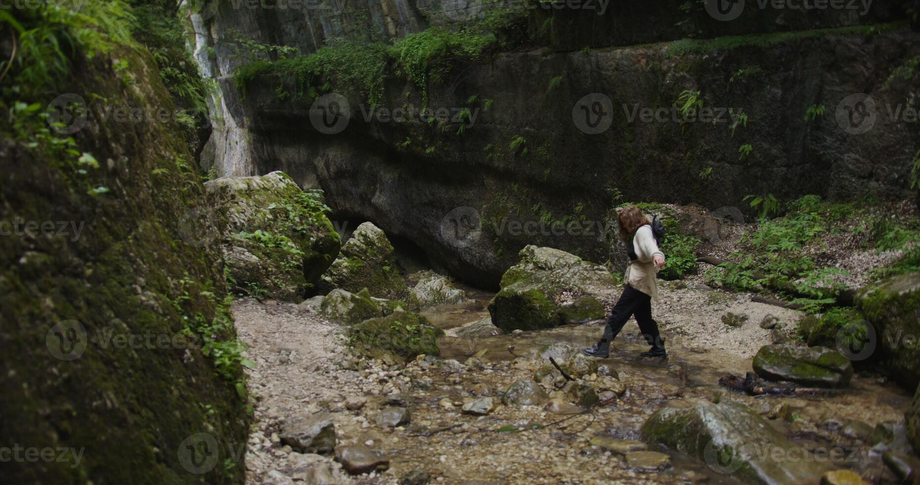 A person walking through a narrow canyon with rocks and trees photo