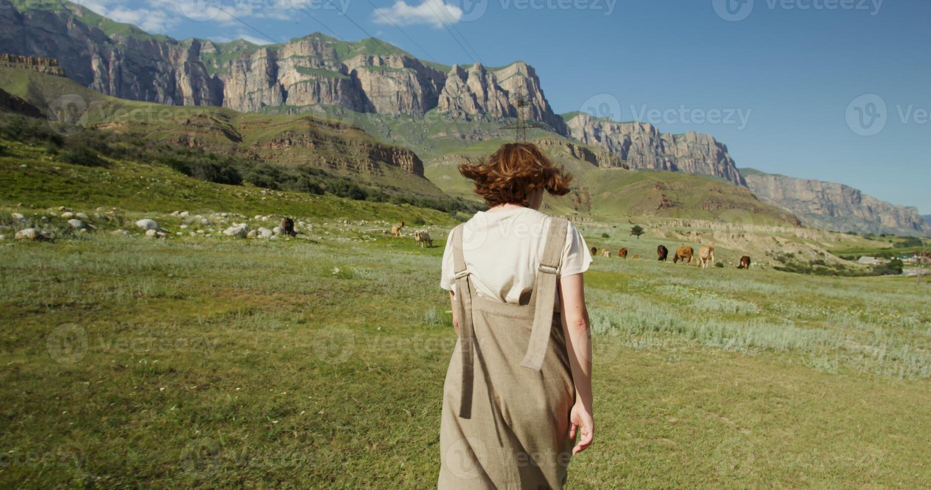 A woman in a dress walking in a field with cows photo