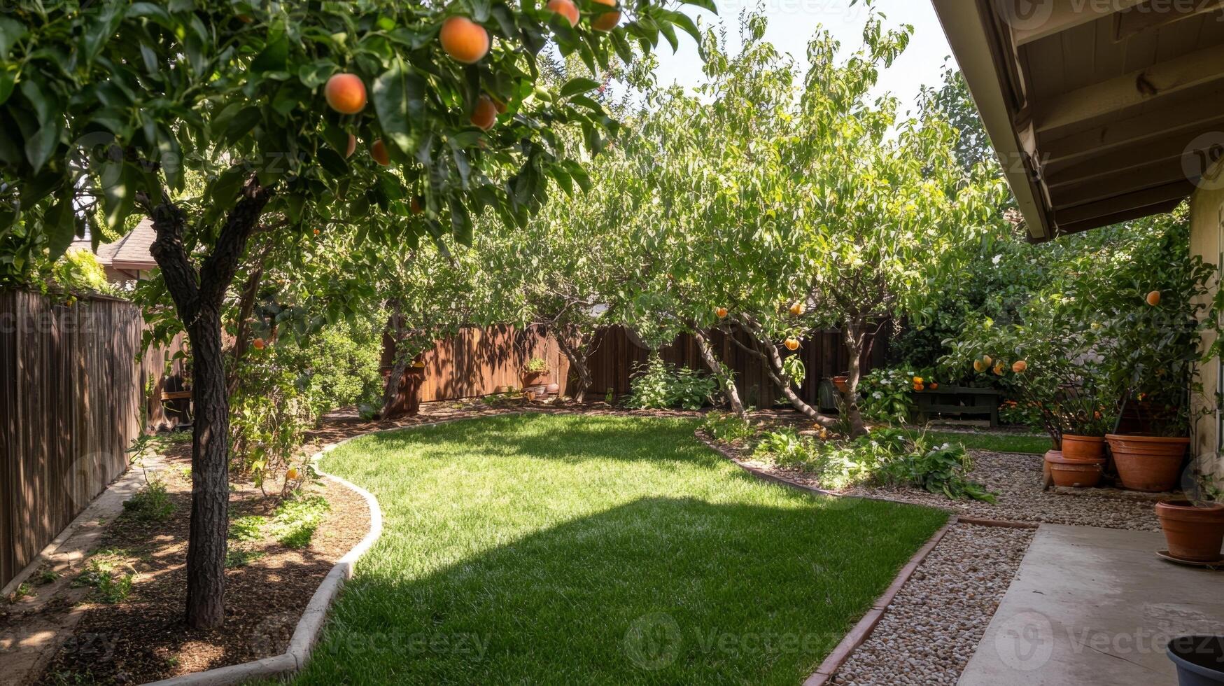 Serene Backyard Oasis with Fruit Trees photo