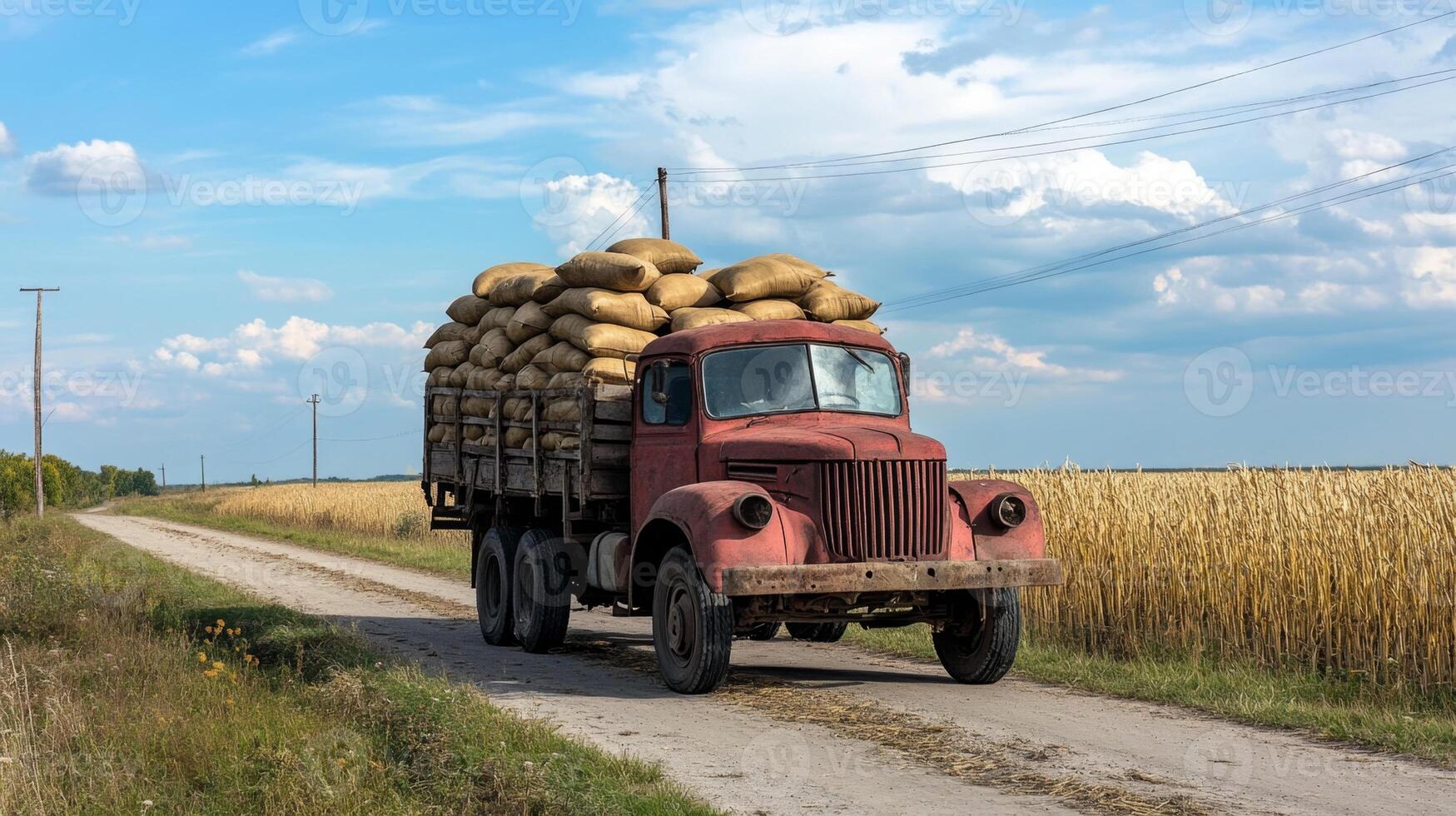 Vintage Truck Carrying Grain on a Country Road photo