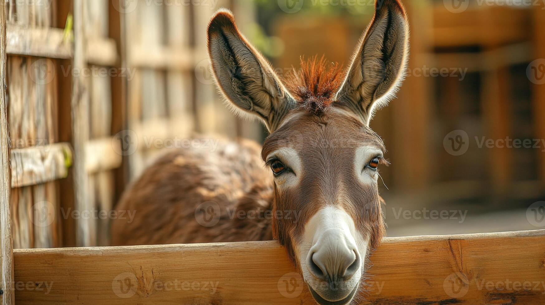 Curious Donkey in Wooden Pen photo