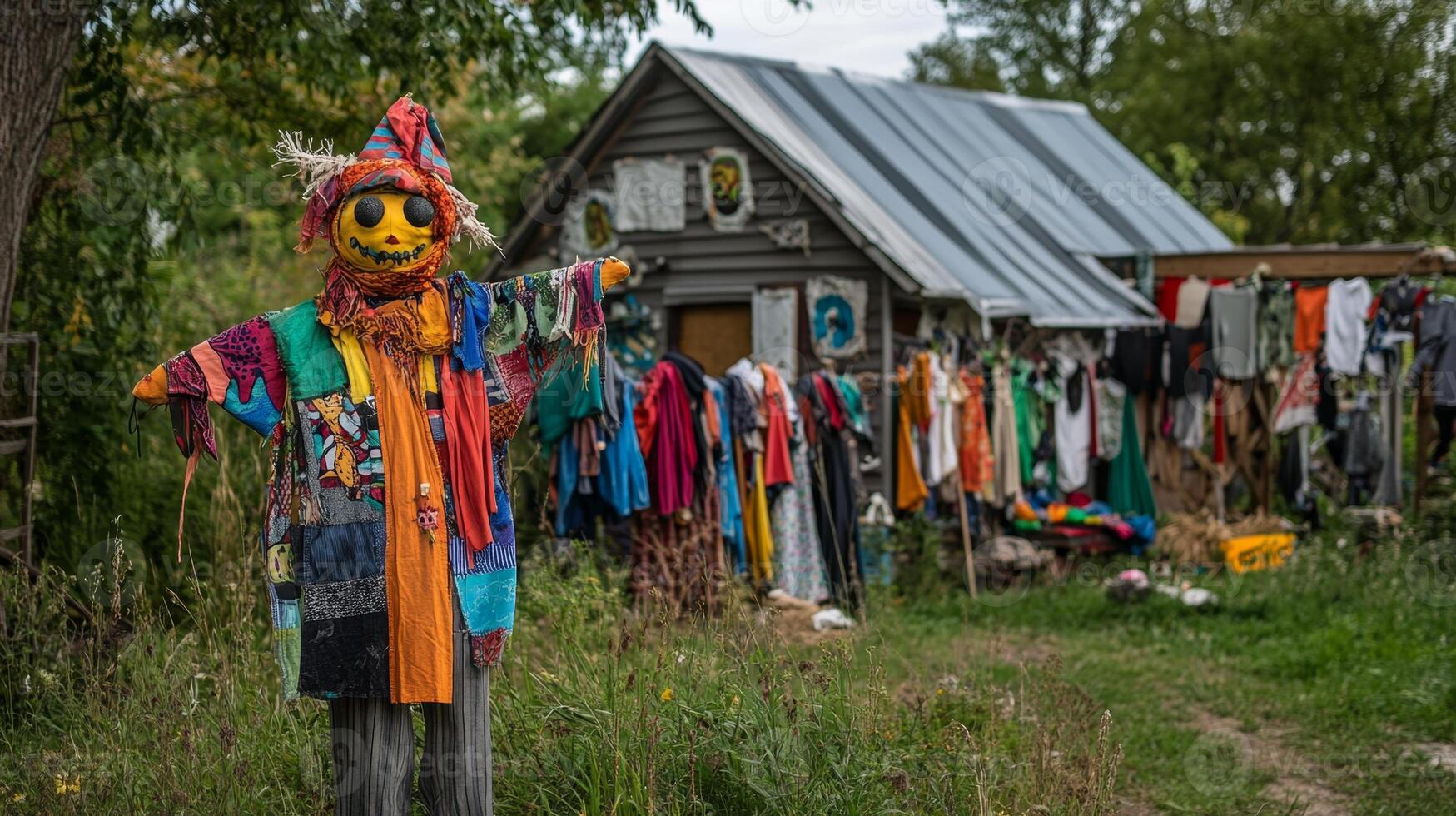 Colorful Scarecrow in a Rustic Garden photo