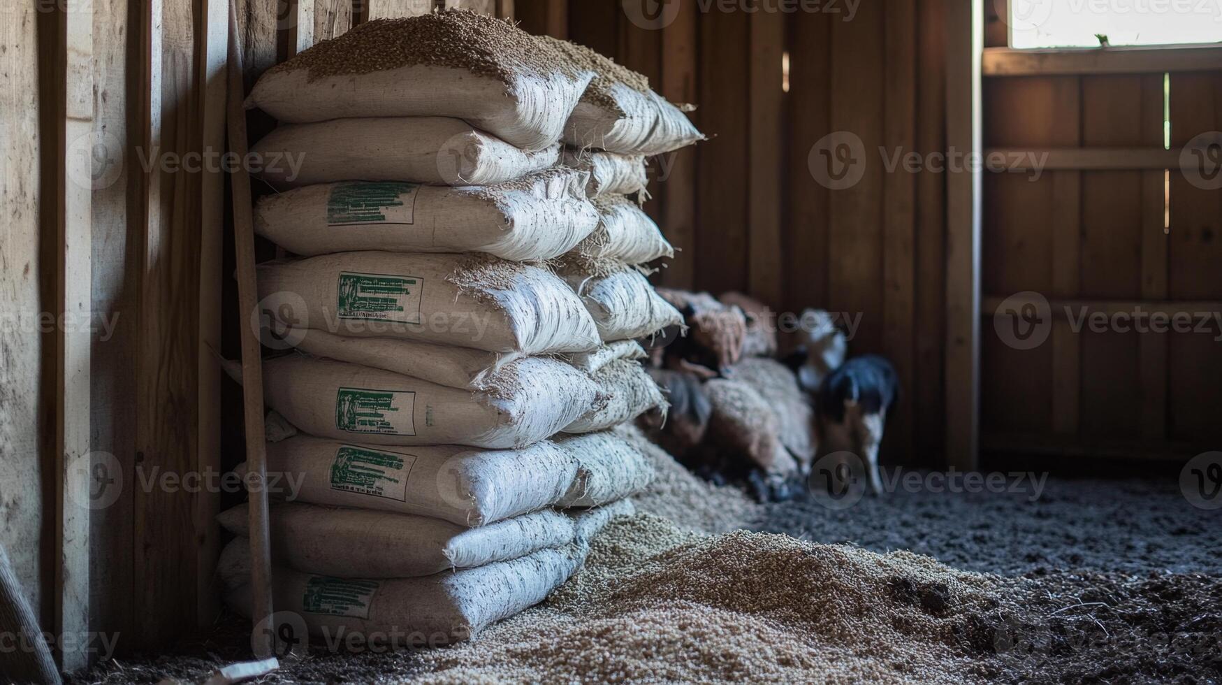 Stacked Grain Bags in a Rustic Barn. Farm photo