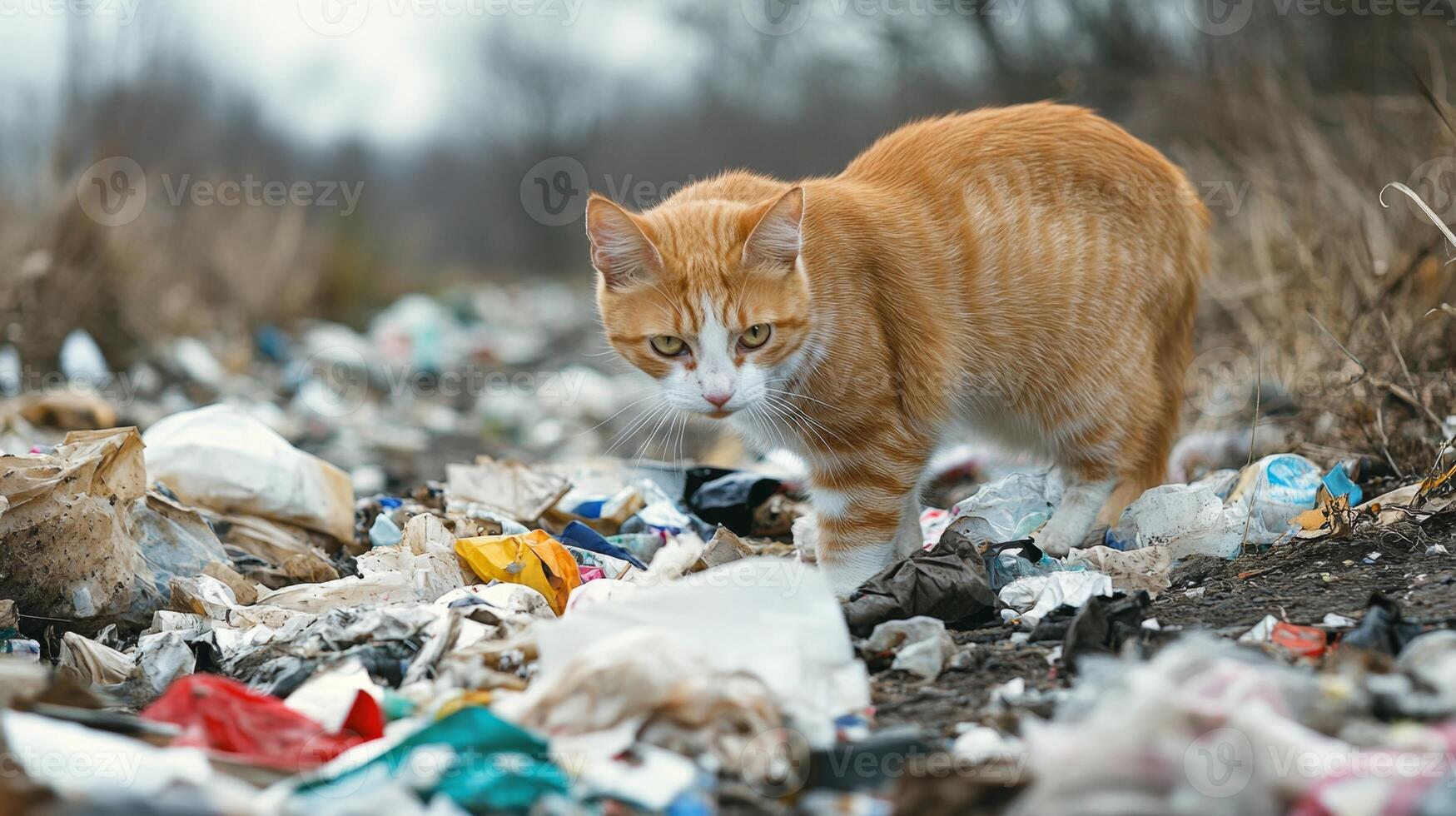 Ginger Cat Searching for Food in Trash photo