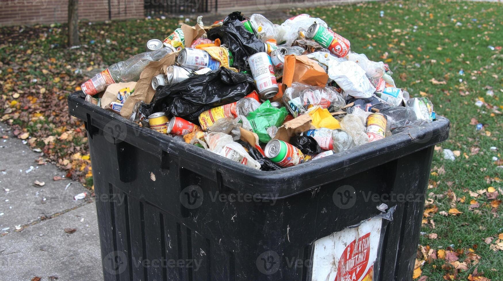 Overflowing Trash Bin in a City Environment photo