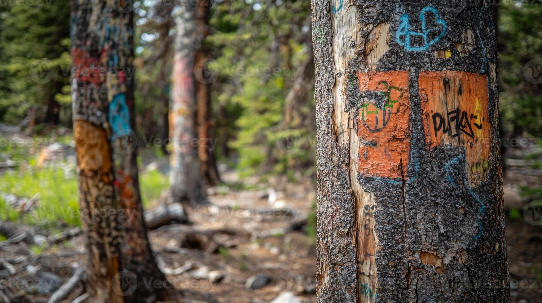 Colorful Graffiti on a Forest Tree Trunk photo