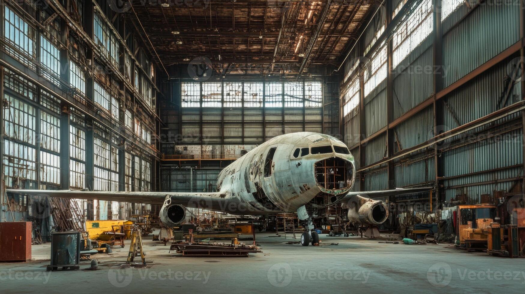 Abandoned Airplane in a Rusty Industrial Hangar photo