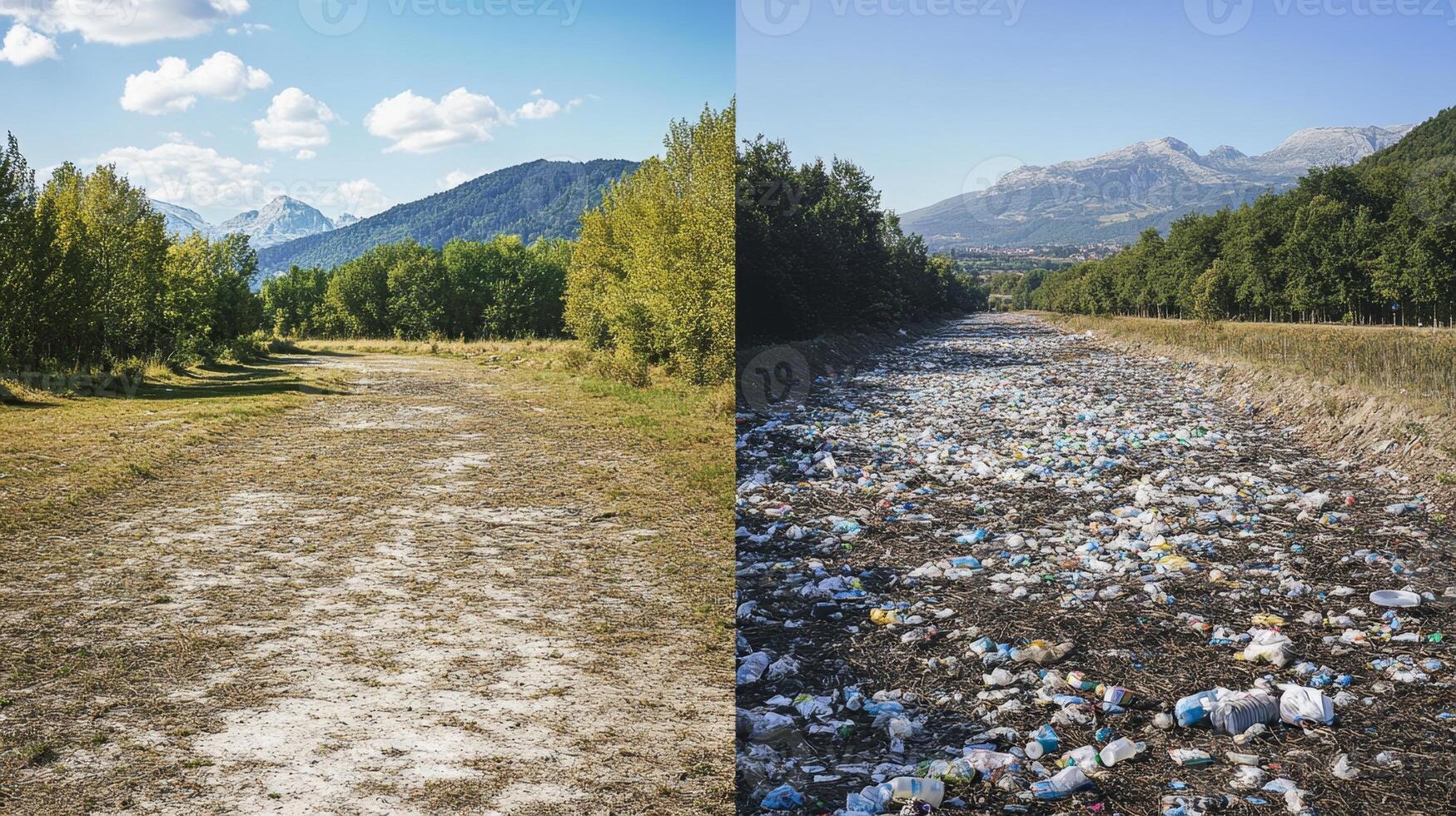 Pollution of Nature. A Comparison of Clean and Polluted Landscape photo