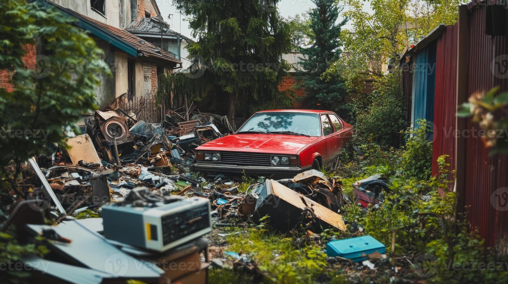 Abandoned Yard Filled With Trash and a Red Car photo