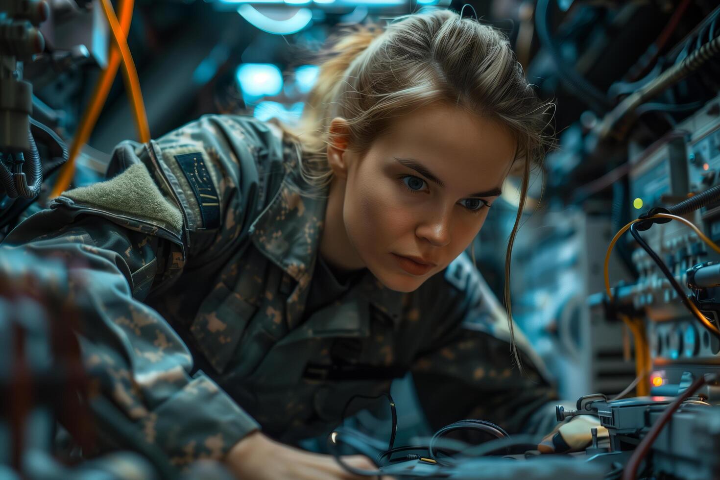 A woman in military uniform working on a computer photo