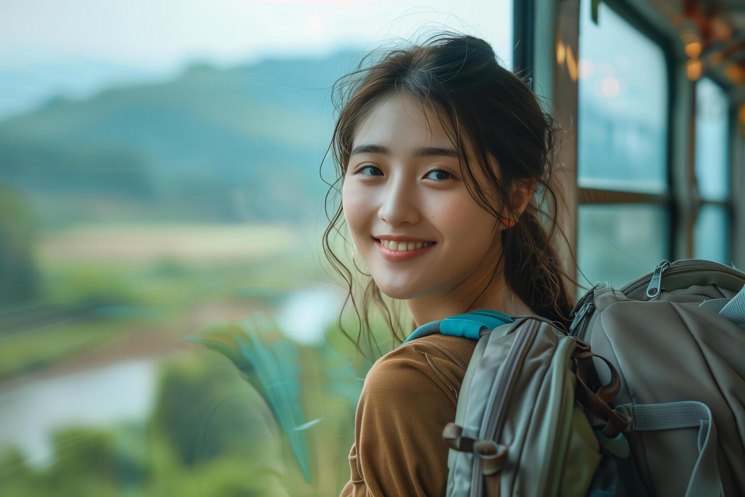 A woman with a backpack on a bus photo