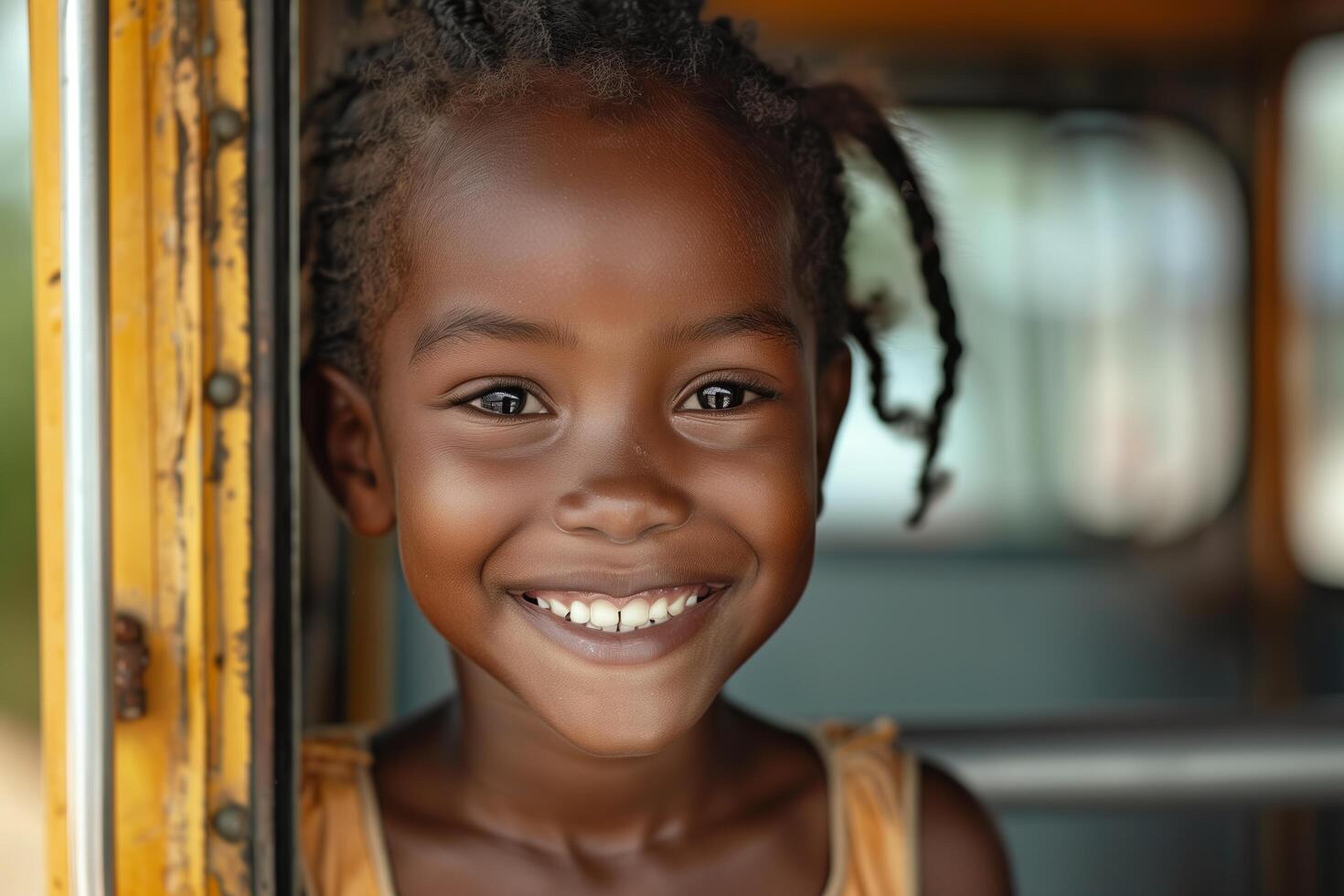 A young girl smiles while sitting on a yellow bus photo