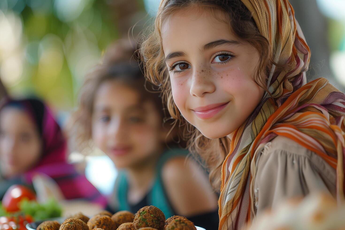 A young girl smiles while sitting at a table with food photo