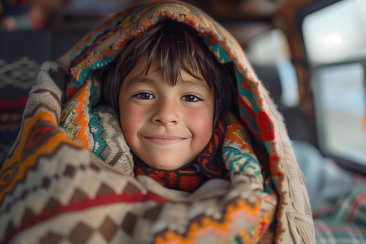 A young boy is wrapped up in a blanket photo