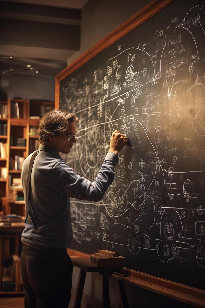 A man writing on a blackboard in front of a desk photo