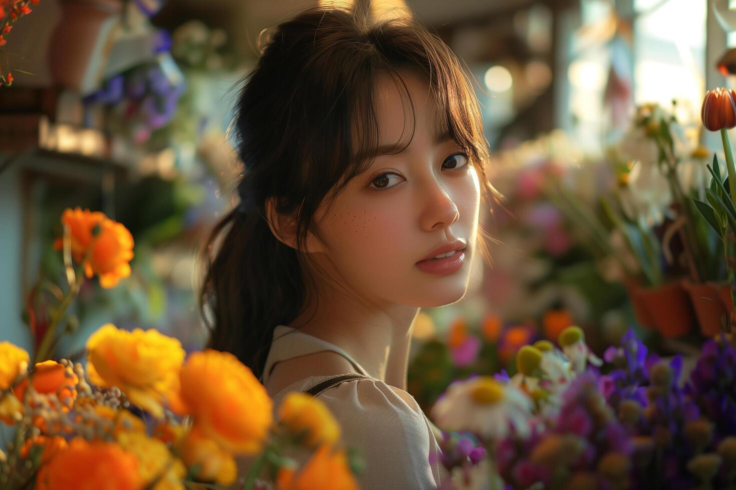 A woman is standing in front of a bunch of flowers photo