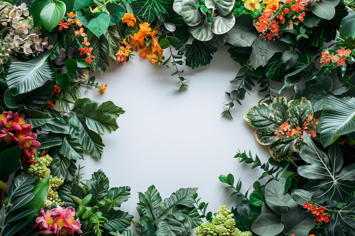 A circular frame made of tropical plants and flowers photo