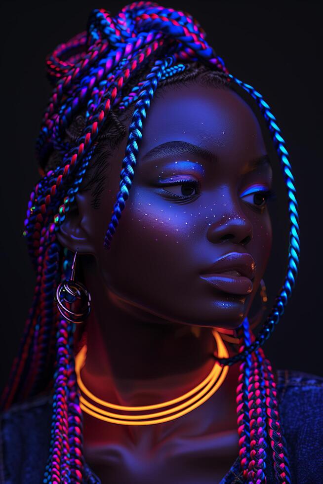 A woman with neon hair and a necklace photo