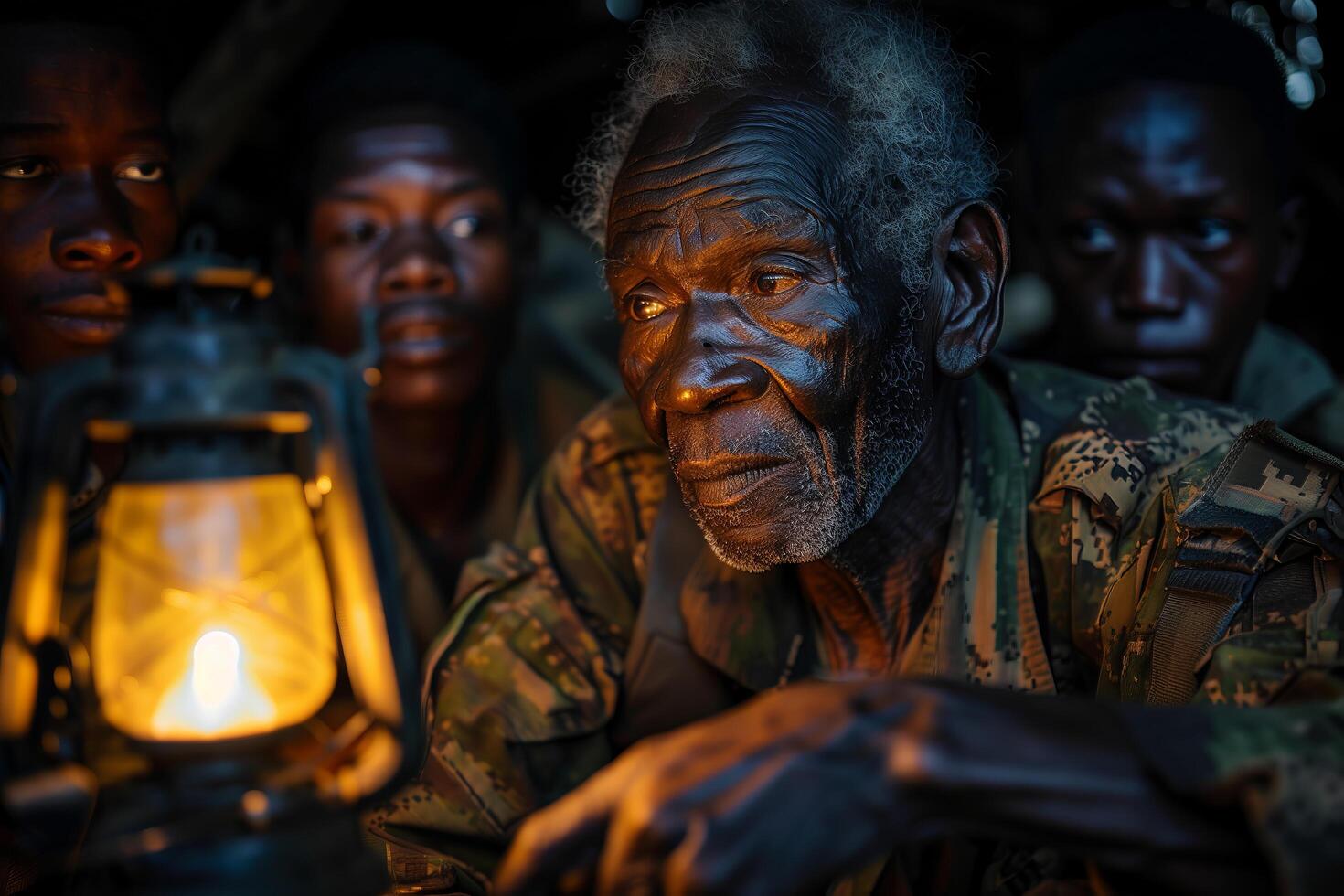 An old man sitting in front of a group of men photo