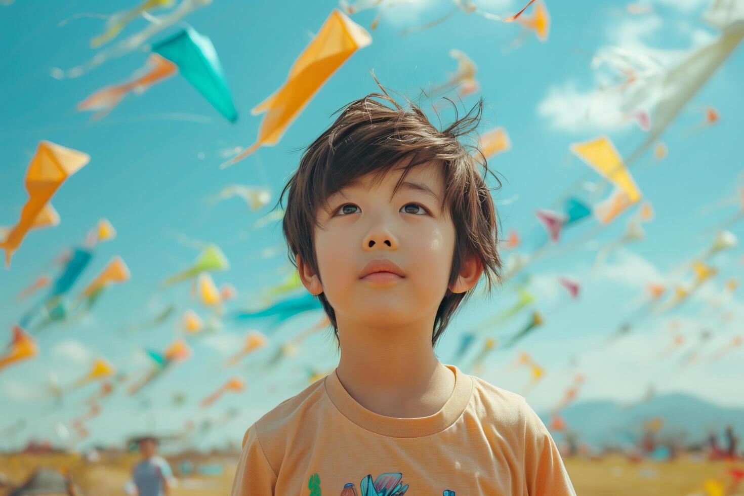 A young boy standing in front of a field of kites photo