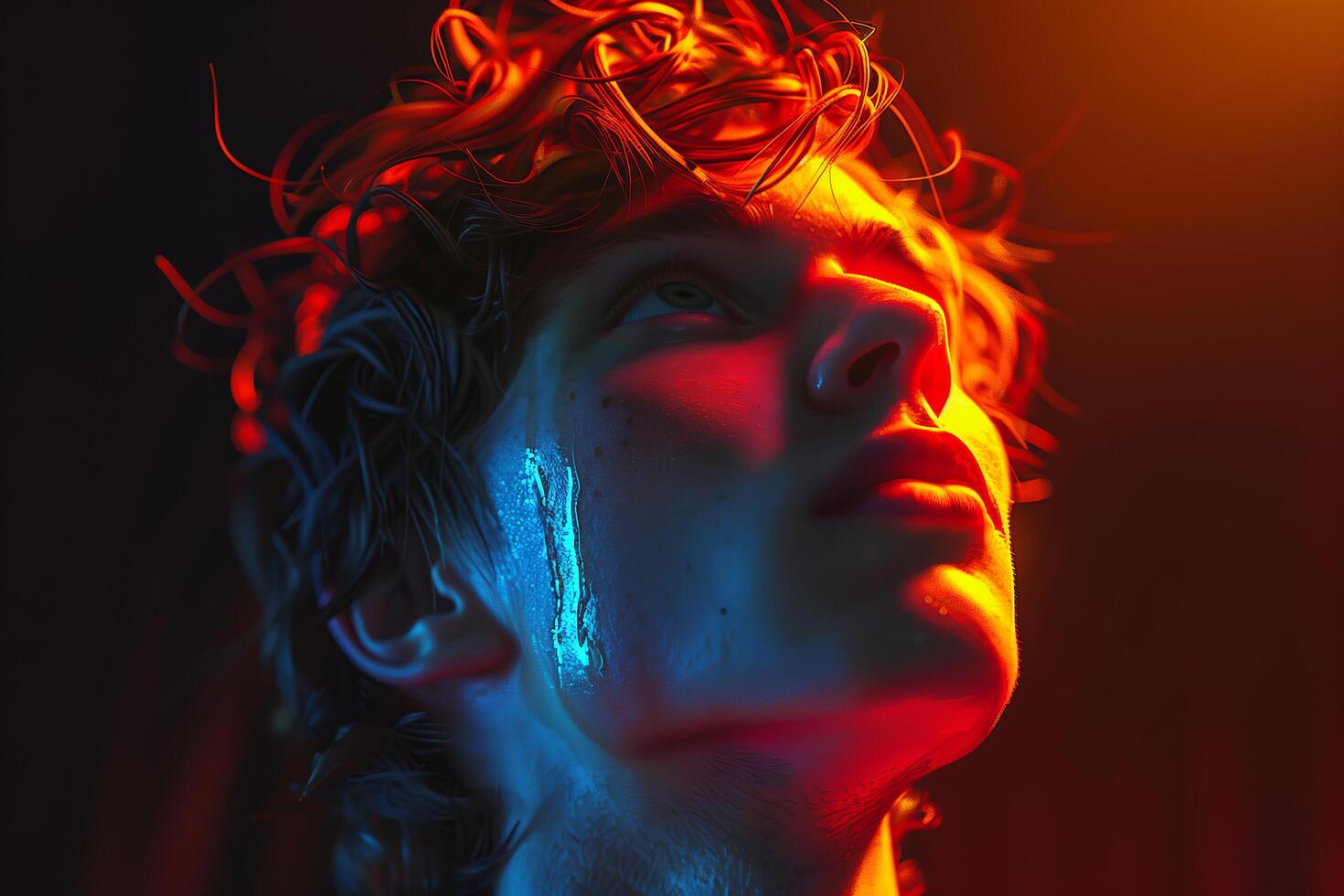 A man with red hair and blue eyes looks up photo