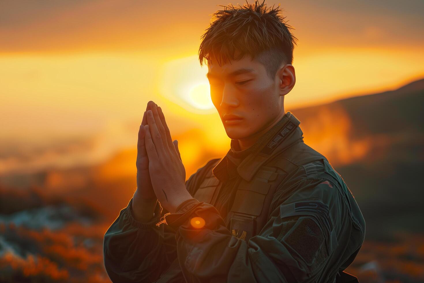 A man in military uniform is praying photo