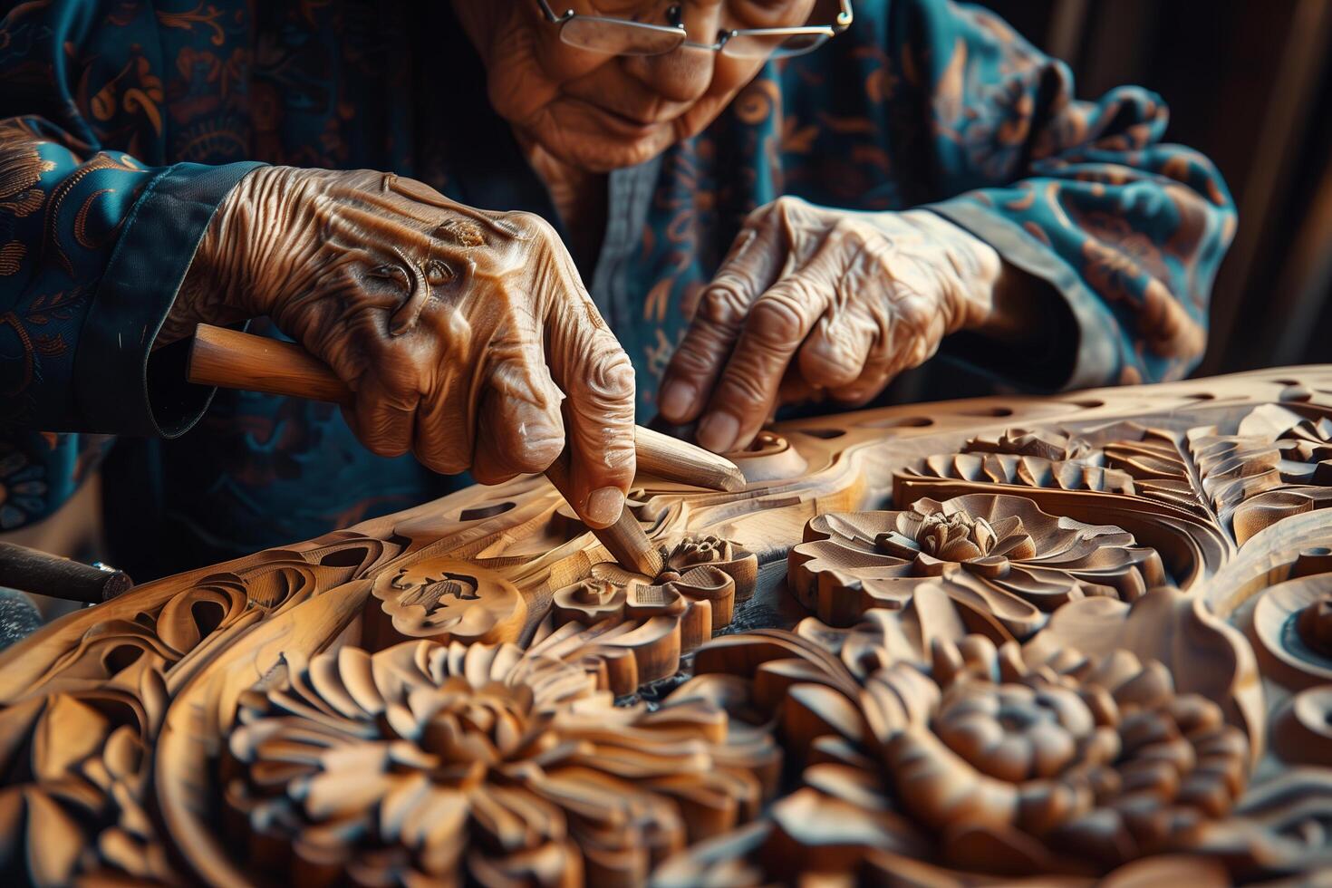 An elderly woman is working on a carved wooden piece photo