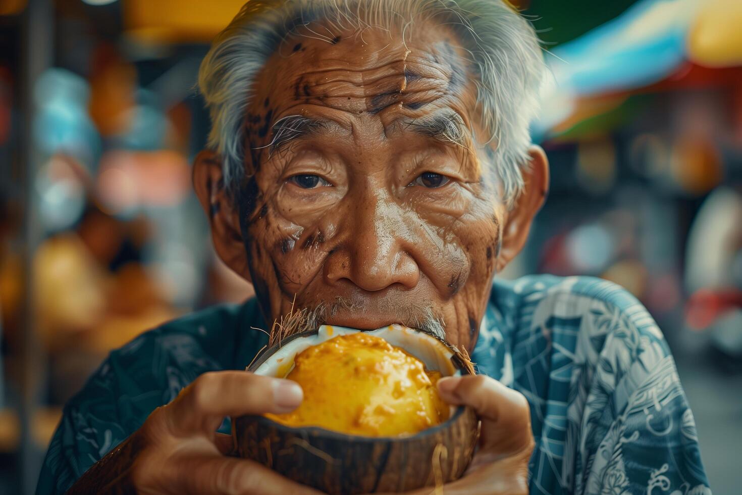 An old man eating a coconut photo
