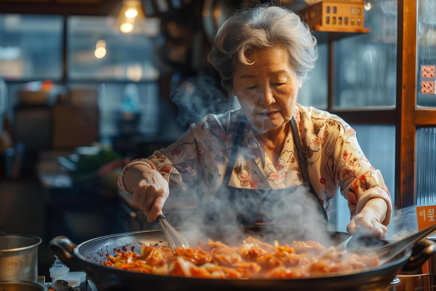An elderly woman cooking food in a pan photo