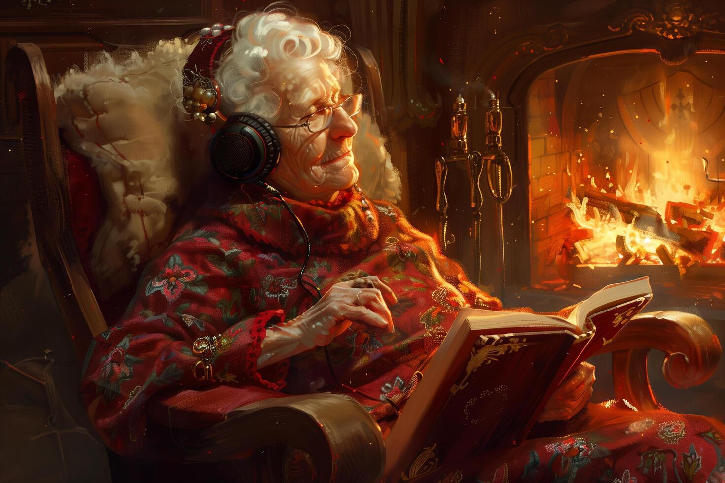 An old woman wearing headphones sits in front of a fireplace photo