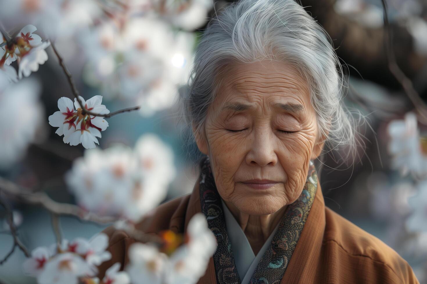 An elderly woman with her eyes closed in front of a flowering tree photo
