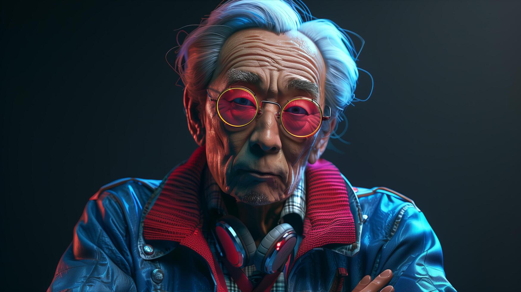 An old man wearing glasses and a jacket photo