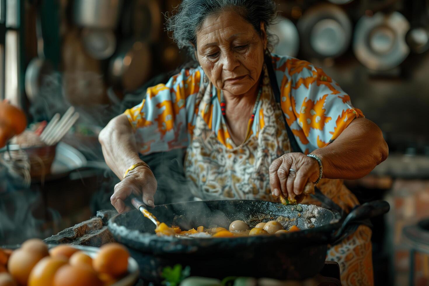 An older woman cooking in a kitchen with a pan photo