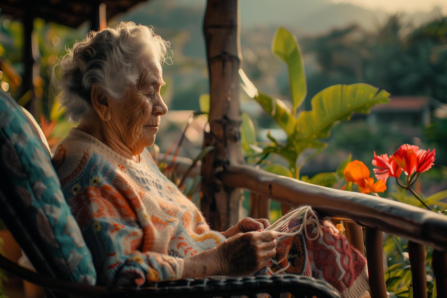 An elderly woman sitting on a porch with a knitting needle photo