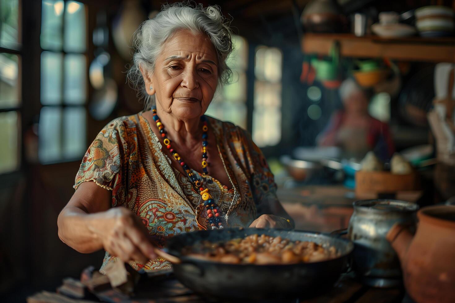 An older woman cooking in a kitchen photo